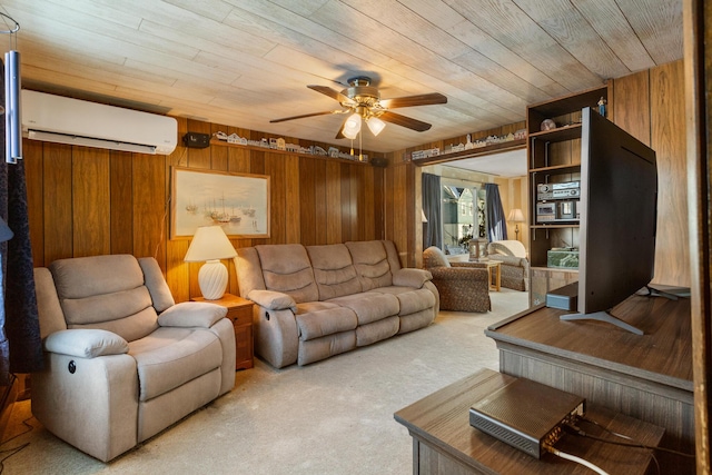 carpeted living room with ceiling fan, wooden ceiling, a wall unit AC, and wood walls