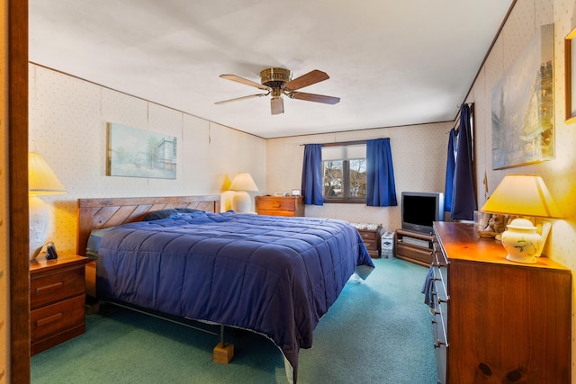 bedroom with ceiling fan and carpet flooring