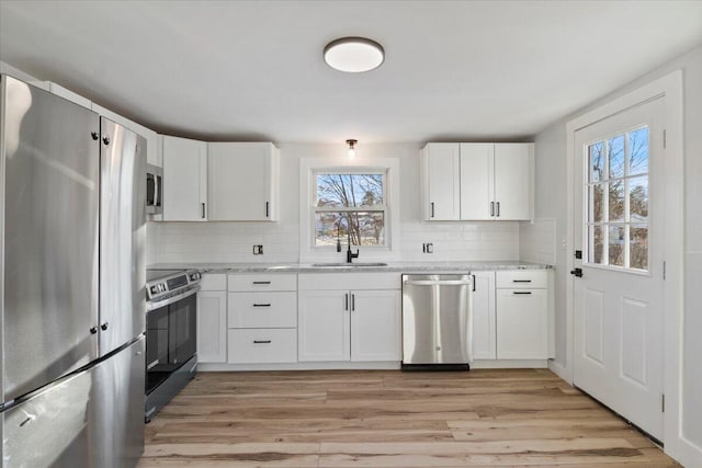 kitchen featuring stainless steel appliances, white cabinetry, a healthy amount of sunlight, and backsplash