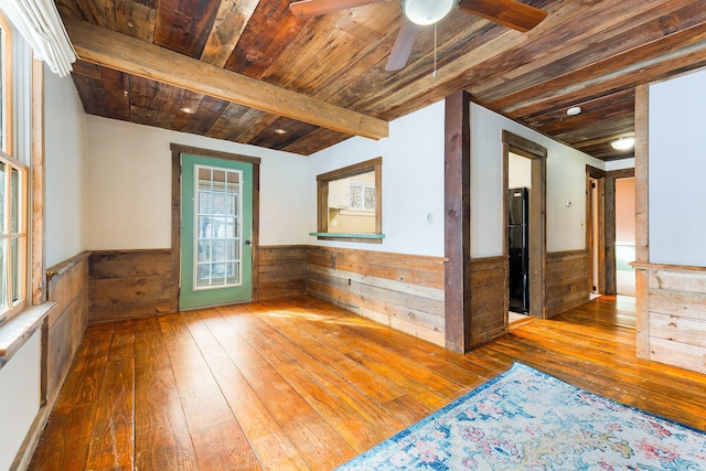 empty room featuring hardwood / wood-style floors, wooden ceiling, wood walls, ceiling fan, and beam ceiling