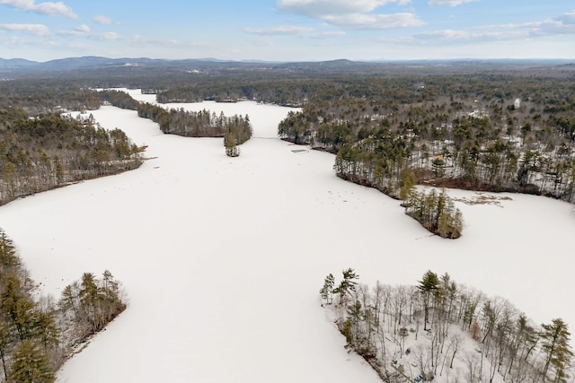 snowy aerial view featuring a mountain view