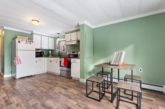 kitchen featuring white fridge, crown molding, dark hardwood / wood-style flooring, stainless steel range with electric stovetop, and white cabinetry