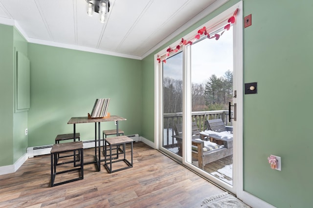 interior space with wood-type flooring, a baseboard radiator, and crown molding