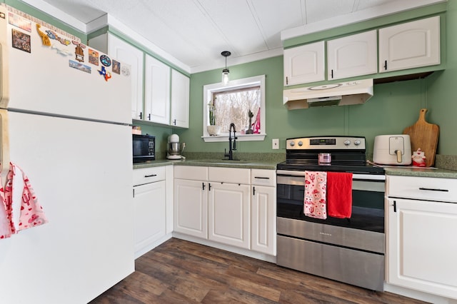 kitchen with electric range, white cabinets, white refrigerator, and dark hardwood / wood-style floors