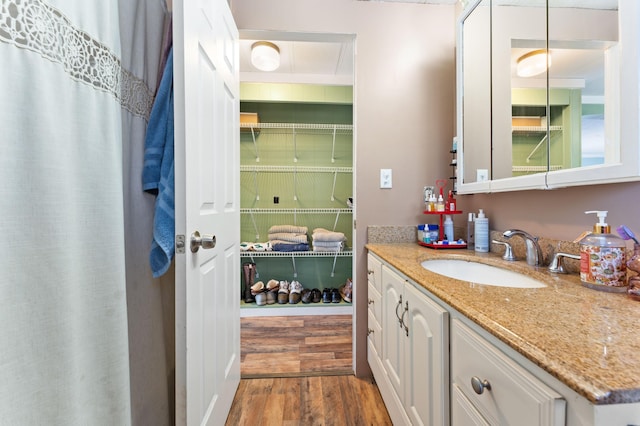 bathroom featuring hardwood / wood-style floors and vanity