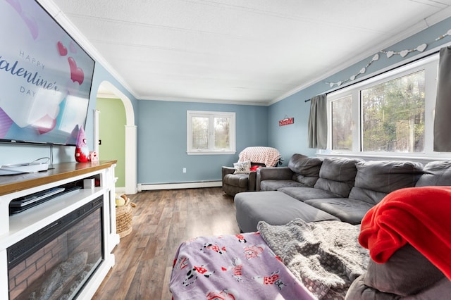 living room with ornamental molding, baseboard heating, hardwood / wood-style floors, and a wealth of natural light