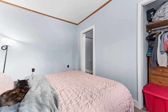 bedroom with ornamental molding and a closet