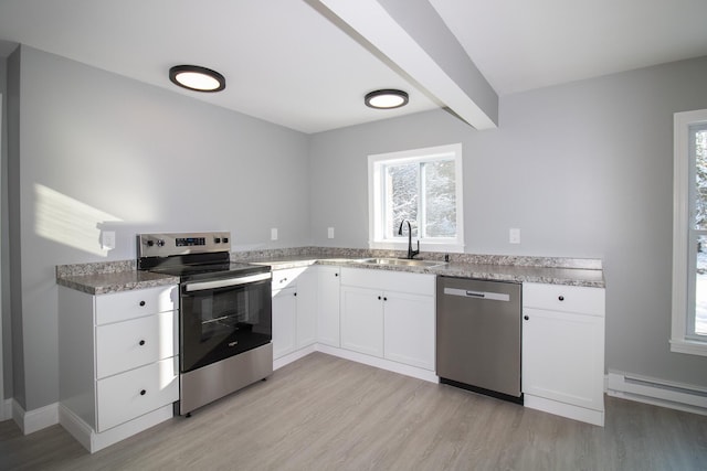 kitchen featuring a baseboard heating unit, sink, light hardwood / wood-style flooring, appliances with stainless steel finishes, and white cabinets