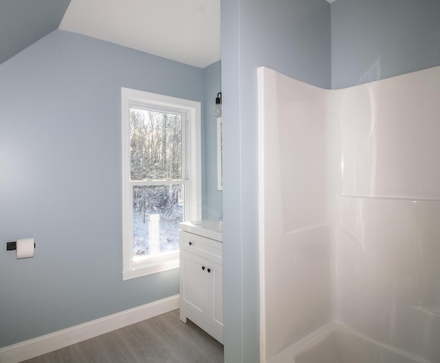 bathroom featuring walk in shower, hardwood / wood-style flooring, and vanity