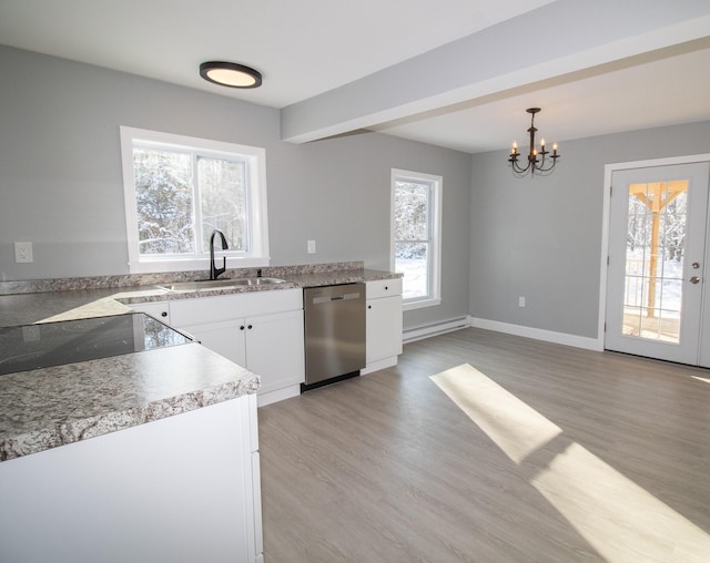 kitchen featuring decorative light fixtures, a chandelier, stainless steel dishwasher, white cabinets, and sink