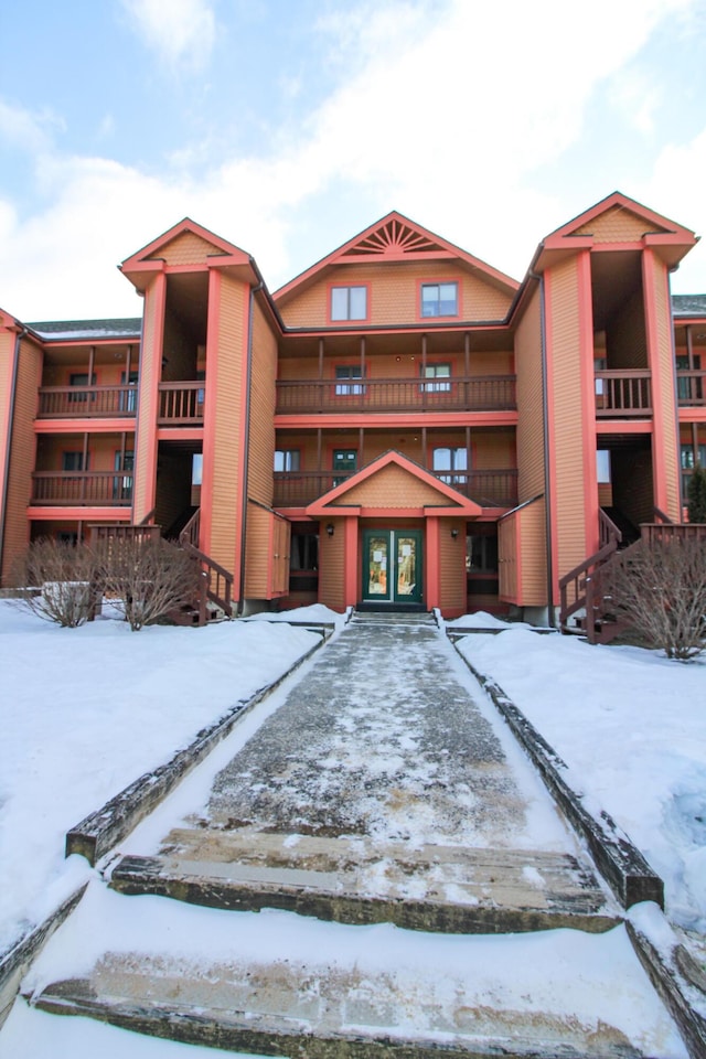 view of snow covered property