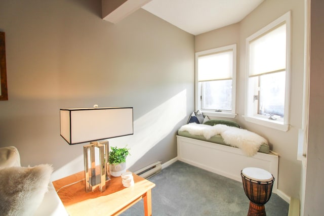 sitting room featuring carpet floors, baseboards, and baseboard heating