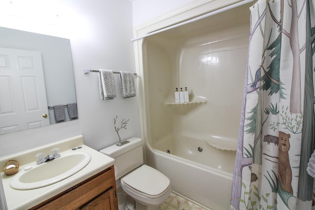 bathroom featuring toilet, vanity, and shower / bathtub combination with curtain