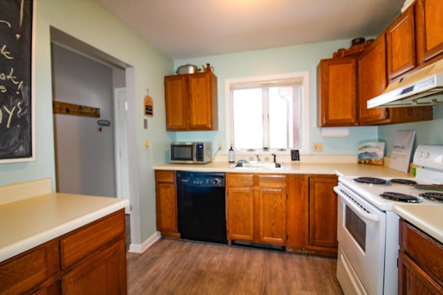 kitchen with white electric stove, dishwasher, stainless steel microwave, under cabinet range hood, and a sink