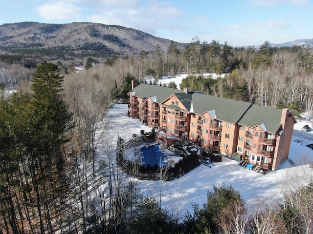 snowy aerial view featuring a mountain view