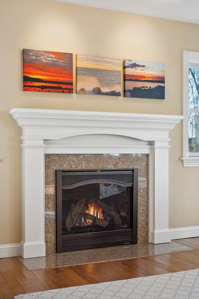 interior details featuring wood-type flooring and a tile fireplace