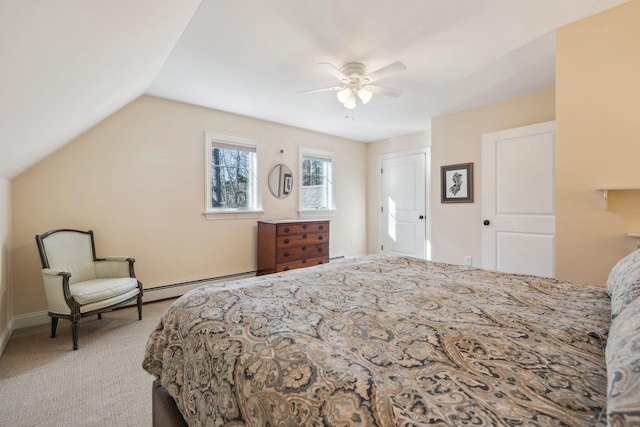 bedroom featuring ceiling fan, baseboard heating, light carpet, and lofted ceiling