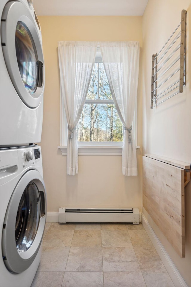 washroom with light tile patterned flooring, stacked washer and clothes dryer, and a baseboard radiator