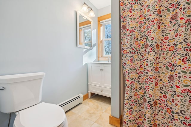 bathroom featuring toilet, vanity, a baseboard heating unit, and curtained shower