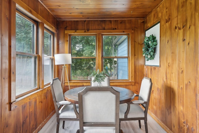 dining space featuring wooden walls, wooden ceiling, and plenty of natural light