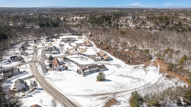 snowy aerial view with a mountain view