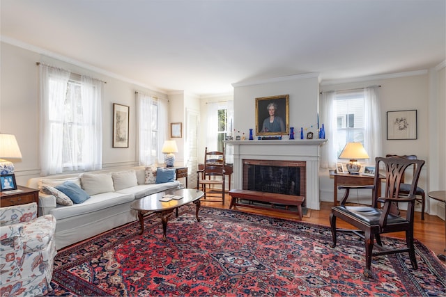 living room with a fireplace, ornamental molding, and hardwood / wood-style flooring