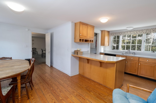 kitchen with sink, a breakfast bar area, light hardwood / wood-style floors, and kitchen peninsula