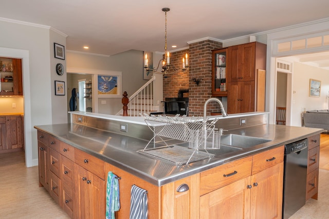 kitchen featuring stainless steel counters, black dishwasher, brown cabinetry, ornamental molding, and a chandelier