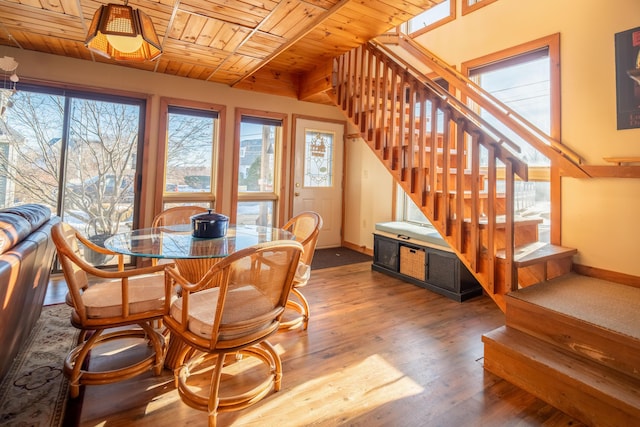 dining area with hardwood / wood-style flooring and wooden ceiling