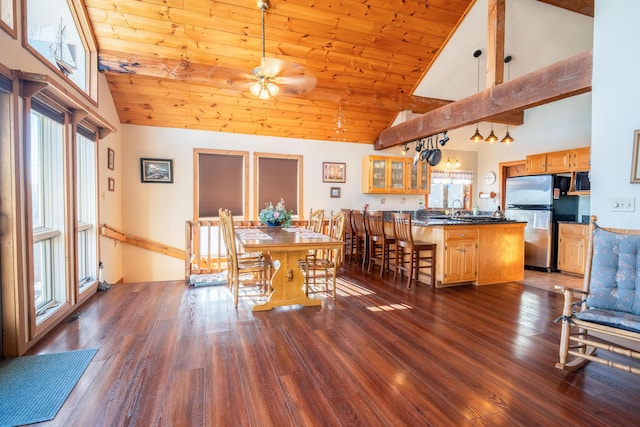 dining space featuring wood ceiling, dark wood-type flooring, and high vaulted ceiling