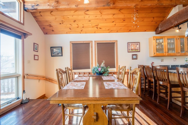 dining space with wooden ceiling, dark hardwood / wood-style flooring, and vaulted ceiling with beams