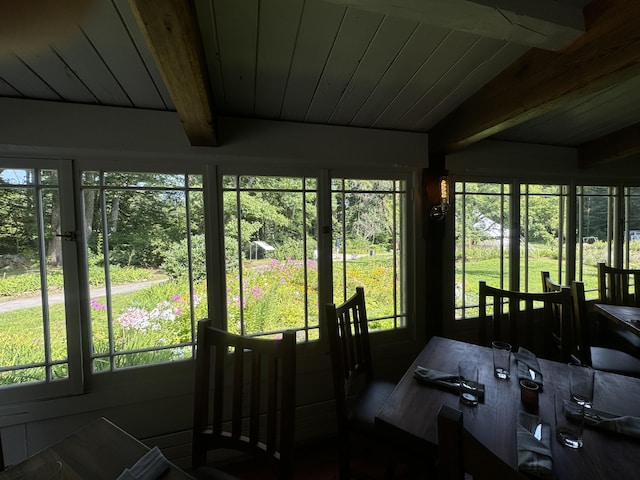 sunroom featuring wooden ceiling and beamed ceiling