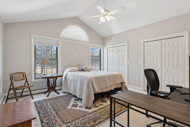31 Estates Dr Unit 3, Manchester, ME 04351 - bedroom featuring ceiling fan, two closets, and vaulted ceiling