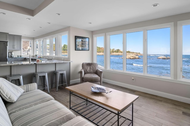 living room with light hardwood / wood-style floors, a water view, and sink