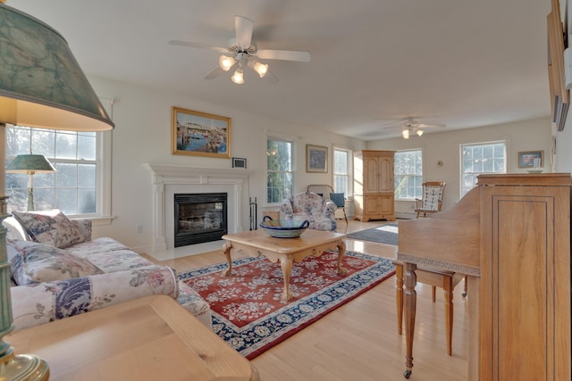 living room featuring ceiling fan and light hardwood / wood-style floors