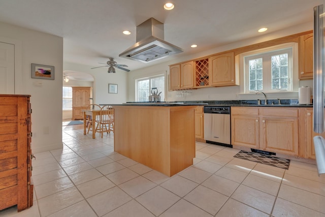 kitchen with island exhaust hood, ceiling fan, a center island, dishwasher, and sink