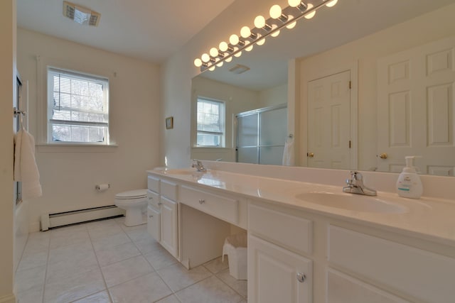 bathroom with a shower with shower door, plenty of natural light, tile patterned floors, and a baseboard heating unit