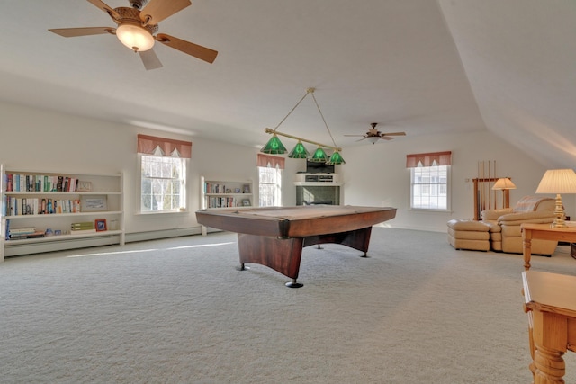 playroom featuring ceiling fan, a baseboard heating unit, vaulted ceiling, light carpet, and pool table