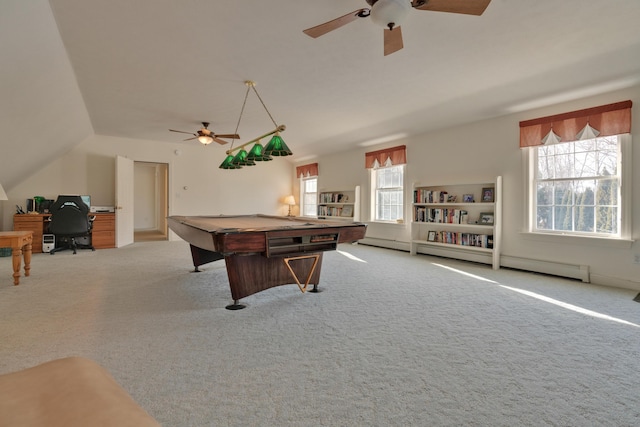 recreation room featuring vaulted ceiling, ceiling fan, light carpet, and billiards