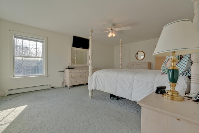 carpeted bedroom with ceiling fan and baseboard heating