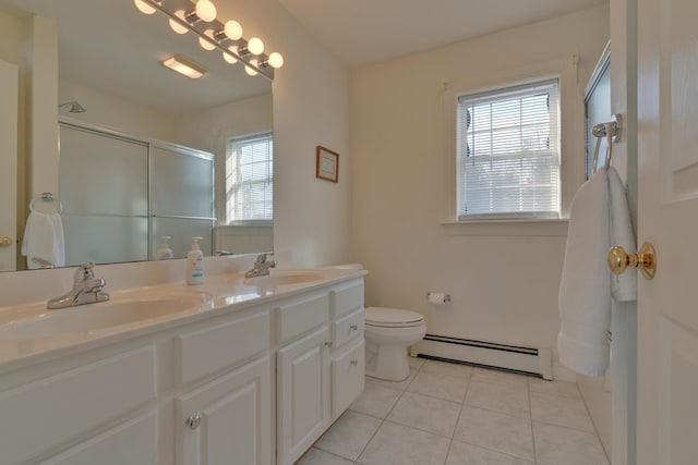 bathroom with toilet, vanity, tile patterned floors, an enclosed shower, and a baseboard radiator