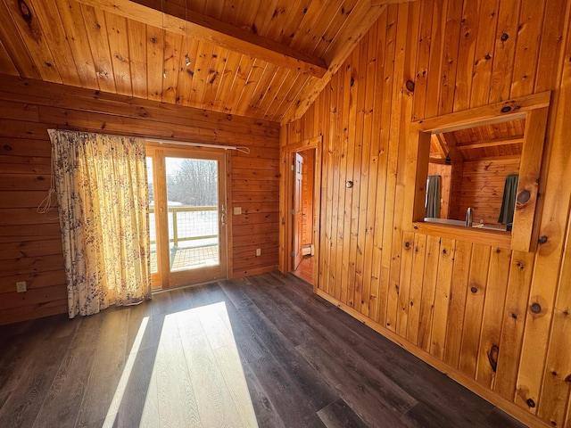 spare room featuring dark hardwood / wood-style floors, wood walls, wood ceiling, and lofted ceiling with beams