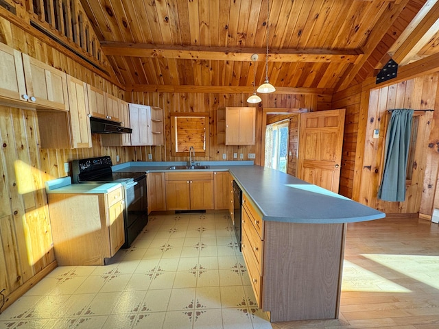 kitchen with sink, vaulted ceiling with beams, pendant lighting, and black appliances