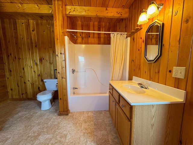 full bathroom with toilet, wooden ceiling, beam ceiling, and wooden walls