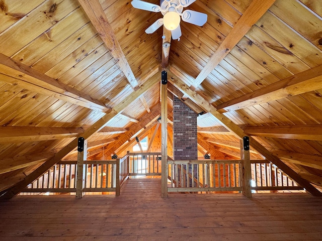 bonus room with hardwood / wood-style flooring, ceiling fan, wood ceiling, and vaulted ceiling with beams