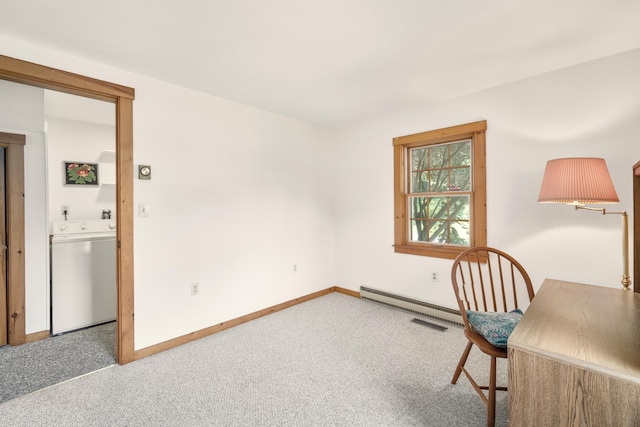 home office featuring washer / clothes dryer, carpet floors, and a baseboard radiator