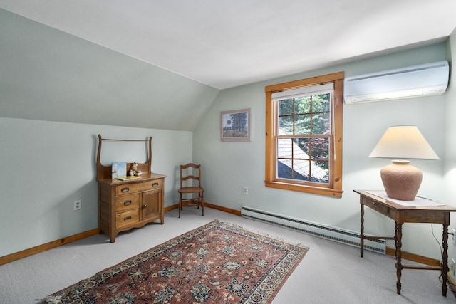 living area with a wall mounted AC, vaulted ceiling, light colored carpet, and a baseboard heating unit