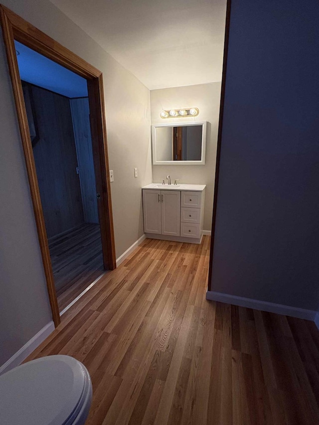 bathroom featuring vanity and hardwood / wood-style flooring