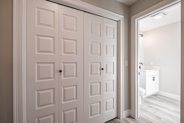 interior details featuring sink and wood-type flooring