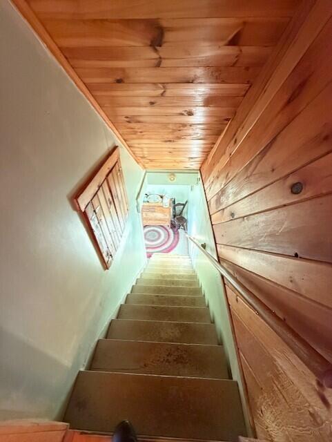 55 Brown Rd, Oakfield, ME 04763 - staircase featuring hardwood / wood-style flooring, wooden walls, and wooden ceiling